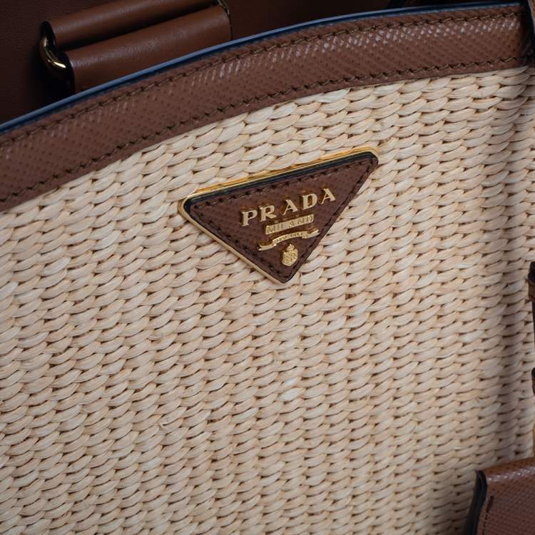 Pre Owned Prada Brown/Beige Raffia and Leather Medium Panier Top Handle Bag