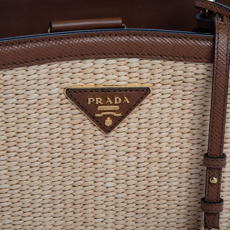 Pre Owned Prada Brown/Beige Raffia and Leather Medium Panier Top Handle Bag