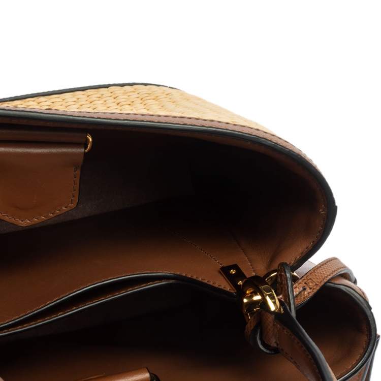 Pre Owned Prada Brown/Beige Raffia and Leather Medium Panier Top Handle Bag