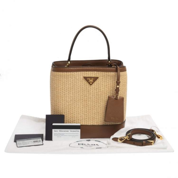 Pre Owned Prada Brown/Beige Raffia and Leather Medium Panier Top Handle Bag