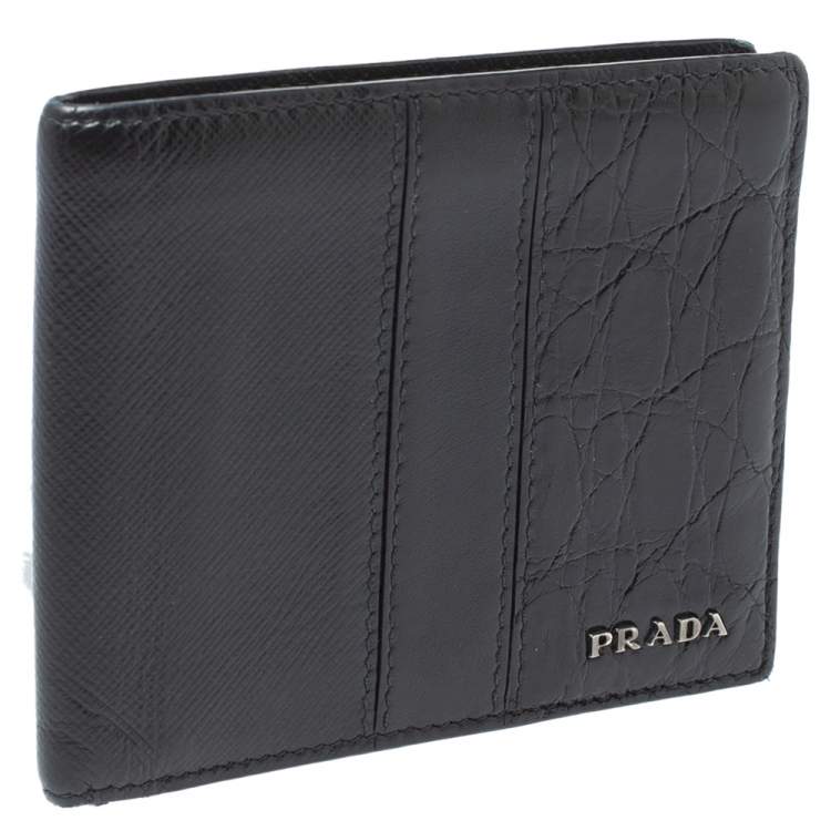Pre Owned Prada Black Saffiano Leather and Crocodile Bifold Wallet