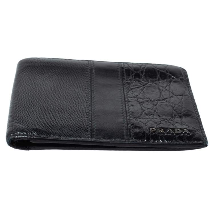 Pre Owned Prada Black Saffiano Leather and Crocodile Bifold Wallet