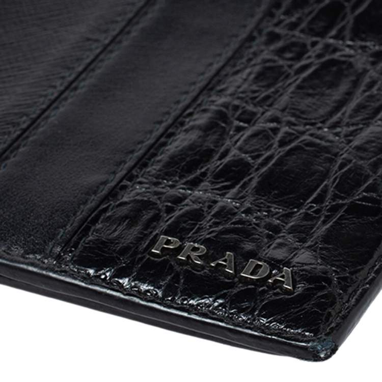 Pre Owned Prada Black Saffiano Leather and Crocodile Bifold Wallet