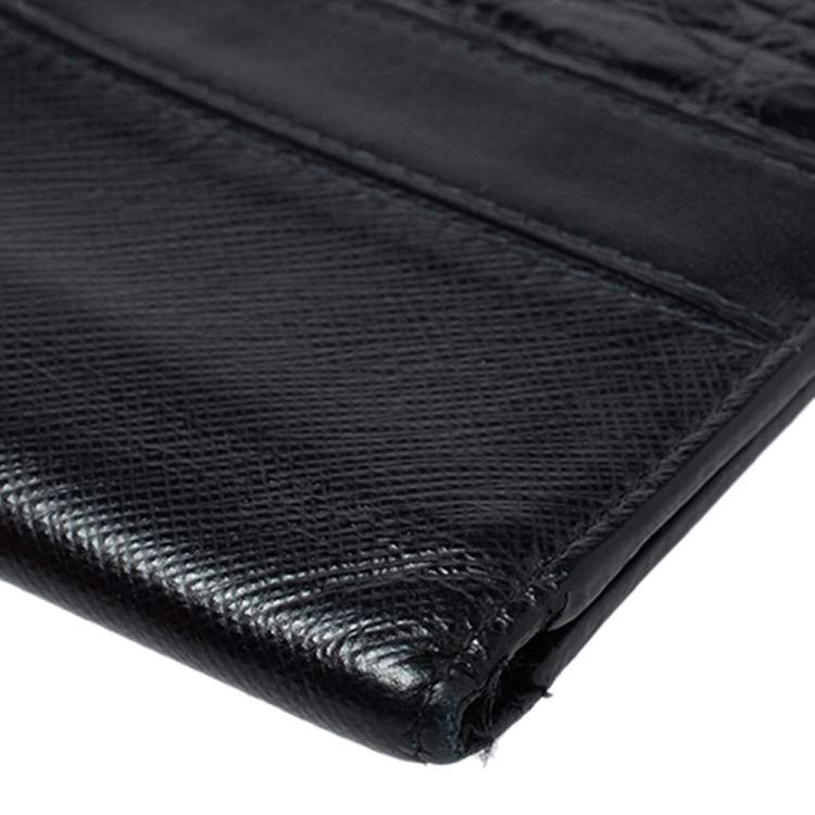 Pre Owned Prada Black Saffiano Leather and Crocodile Bifold Wallet