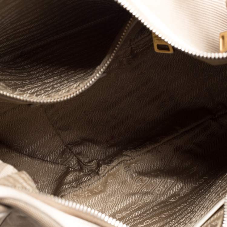 Pre Owned Prada Beige/Cream Logo Jacquard Canvas and Leather Hobo