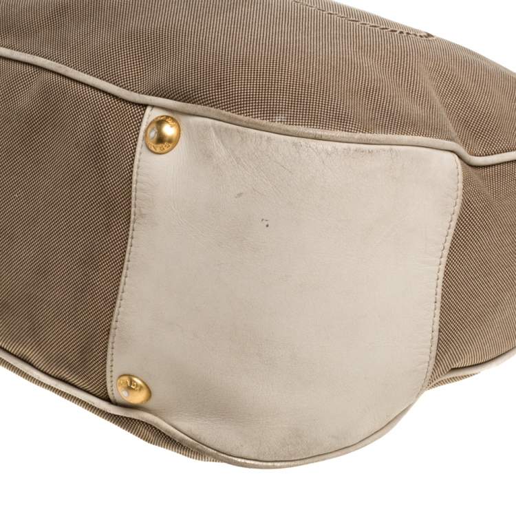 Pre Owned Prada Beige/Cream Logo Jacquard Canvas and Leather Hobo