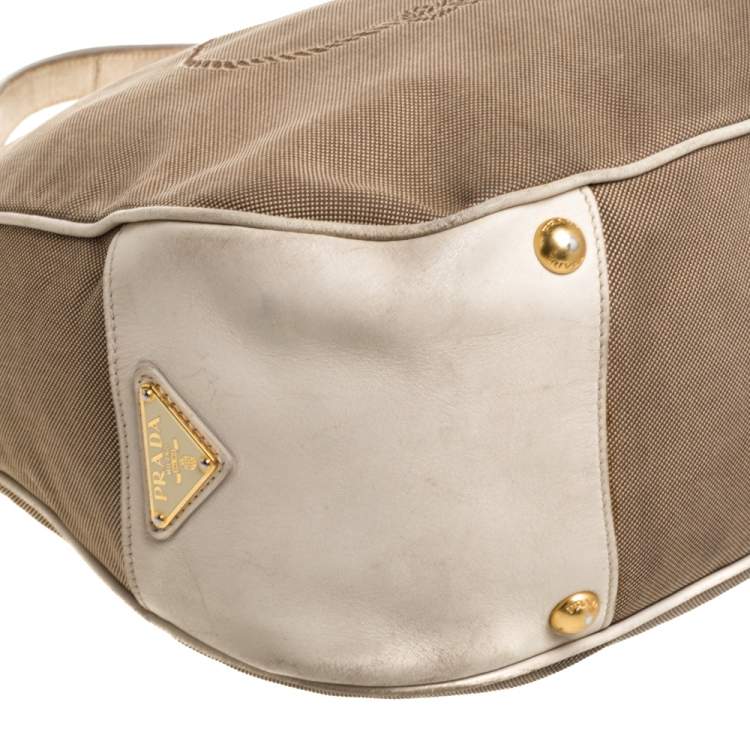 Pre Owned Prada Beige/Cream Logo Jacquard Canvas and Leather Hobo