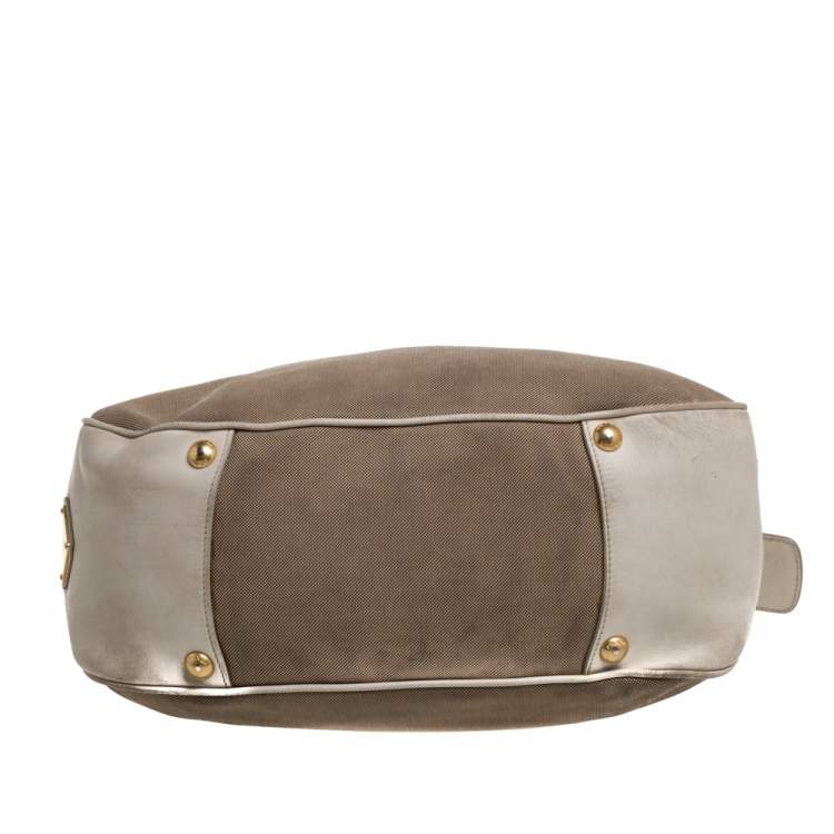 Pre Owned Prada Beige/Cream Logo Jacquard Canvas and Leather Hobo