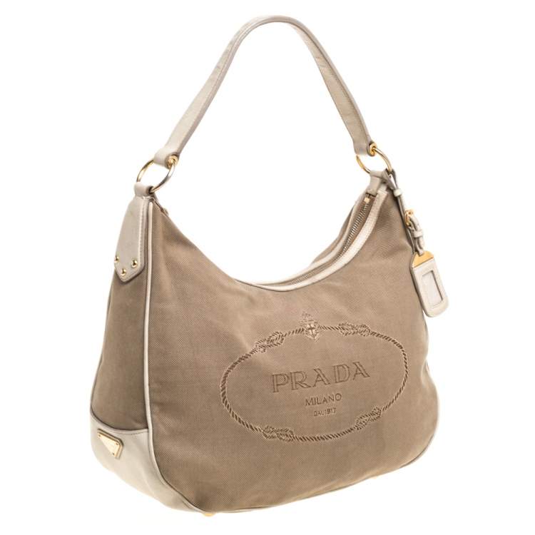 Pre Owned Prada Beige/Cream Logo Jacquard Canvas and Leather Hobo