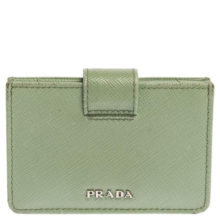 Pre Owned Prada Mint Green Saffiano Lux Leather Gusset Card Holder