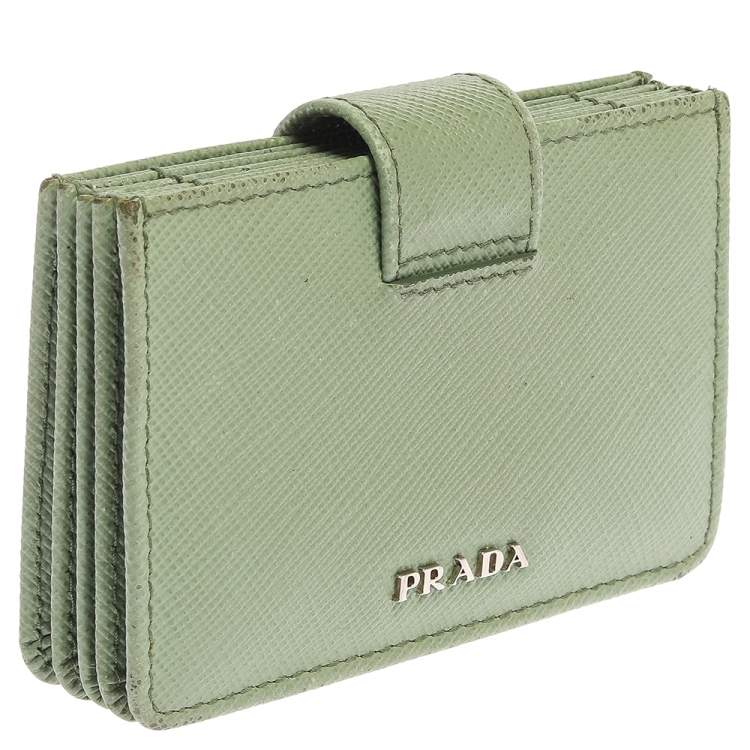 Pre Owned Prada Mint Green Saffiano Lux Leather Gusset Card Holder