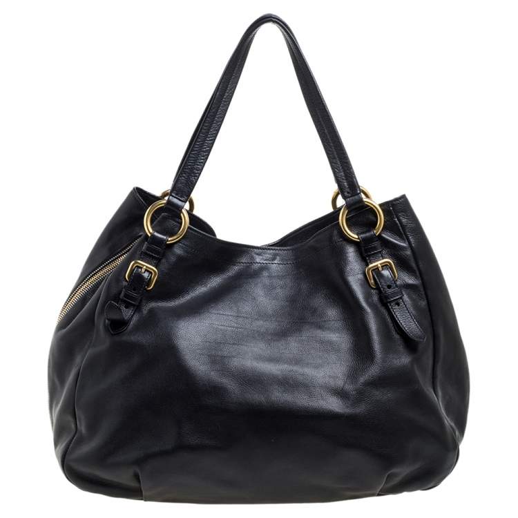 Pre Owned Prada Black Vitello Leather Sacca 2 Manici Hobo