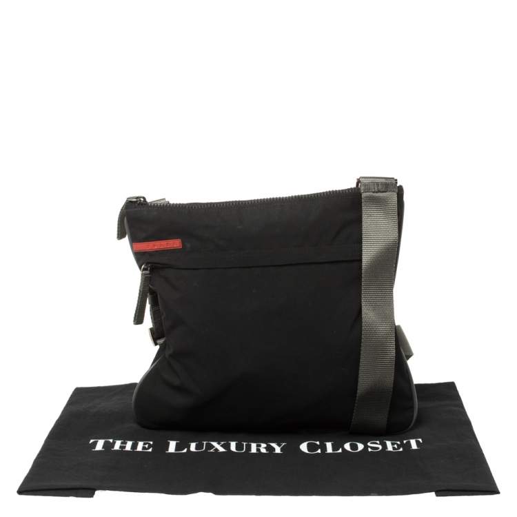 Pre Owned Prada Sport Black Nylon Front Zip Pocket Messengers Bag
