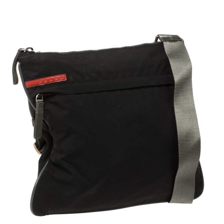 Pre Owned Prada Sport Black Nylon Front Zip Pocket Messengers Bag