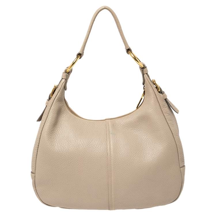 Pre Owned Prada Beige Vitello Daino Leather Zip Top Hobo