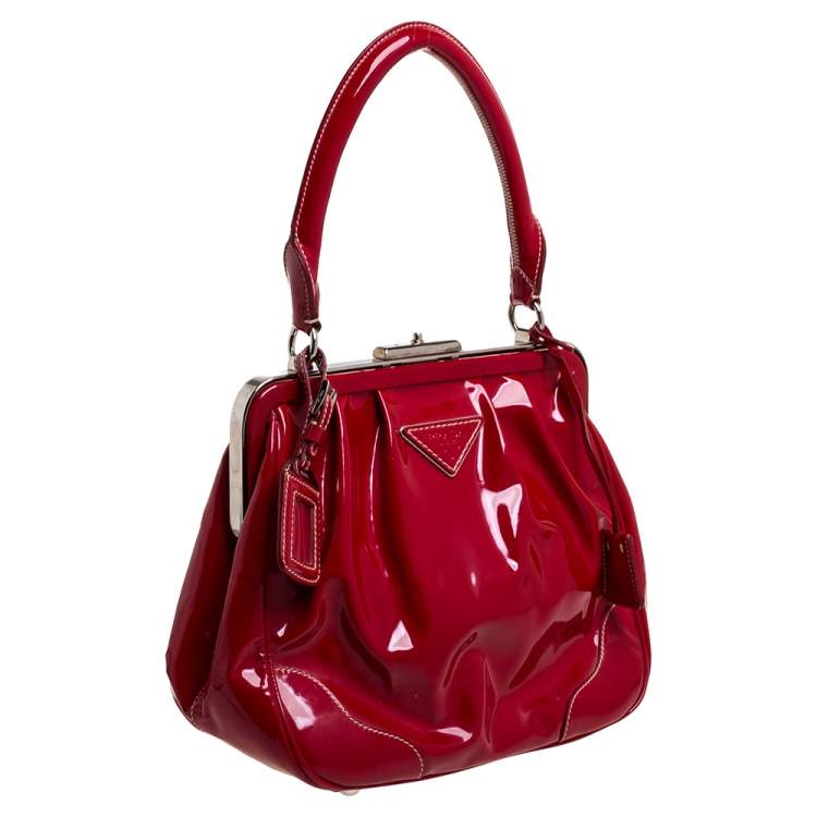 Pre Owned Prada Red Patent Leather Cinghiale Frame Top Handle Bag
