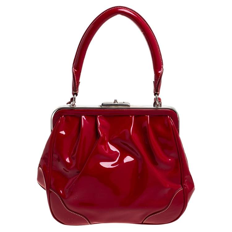 Pre Owned Prada Red Patent Leather Cinghiale Frame Top Handle Bag