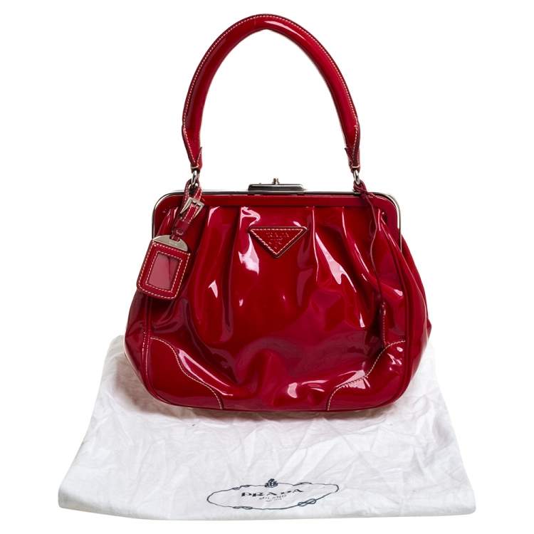 Pre Owned Prada Red Patent Leather Cinghiale Frame Top Handle Bag