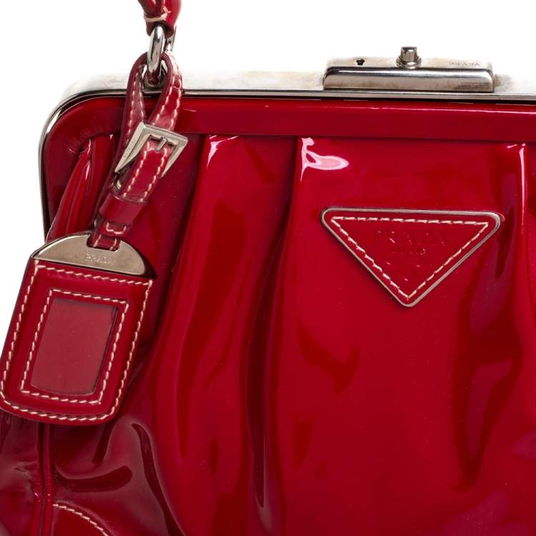 Pre Owned Prada Red Patent Leather Cinghiale Frame Top Handle Bag