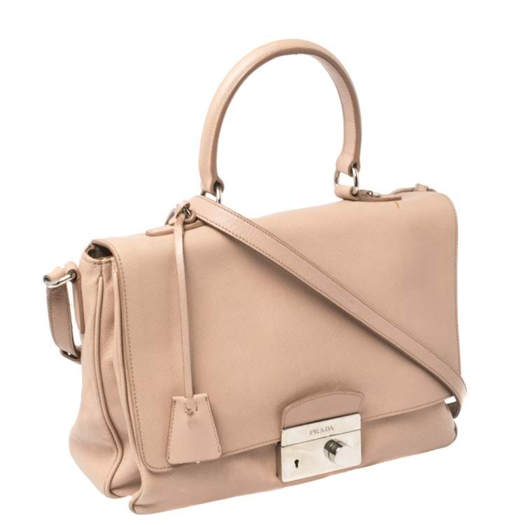 Pre Owned Prada Pink Saffiano Lux Leather Flap Top Handle Bag