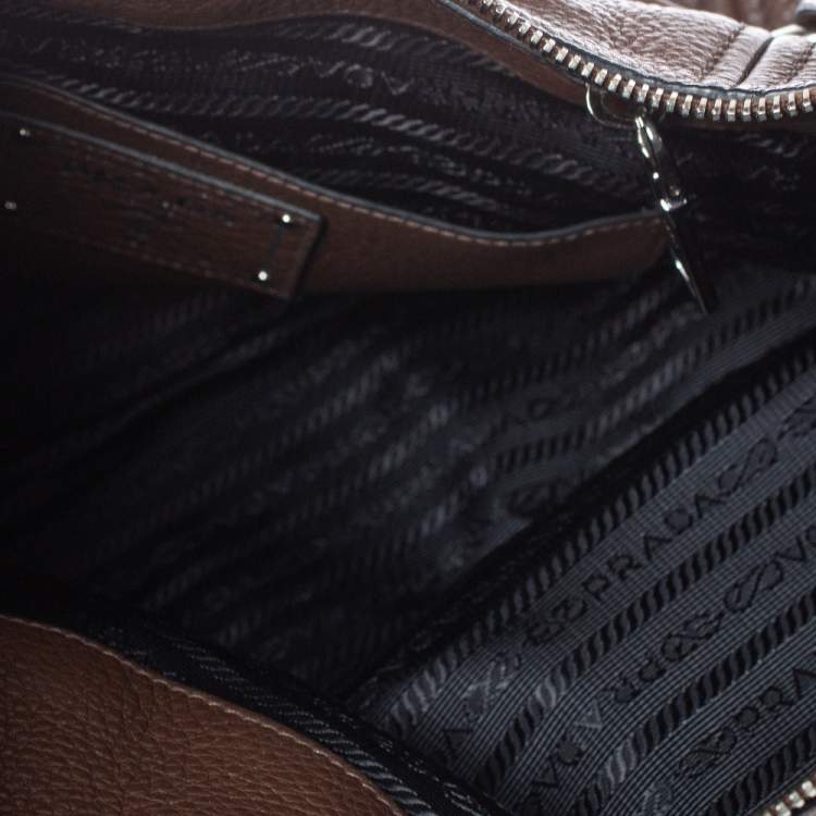 Pre Owned Prada Brown Vitello Daino Leather Zip Top Hobo
