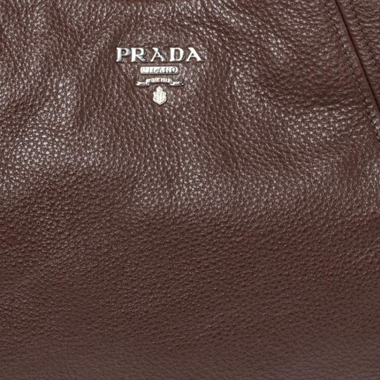 Pre Owned Prada Brown Vitello Daino Leather Zip Top Hobo