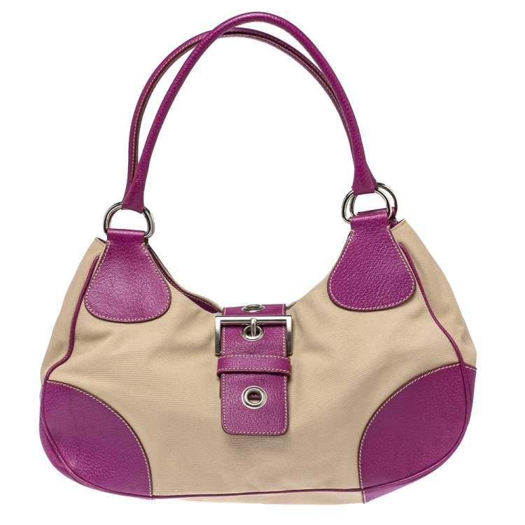 Prada Purple/Beige Canvas and Leather Buckle Flap Shoulder Bag 