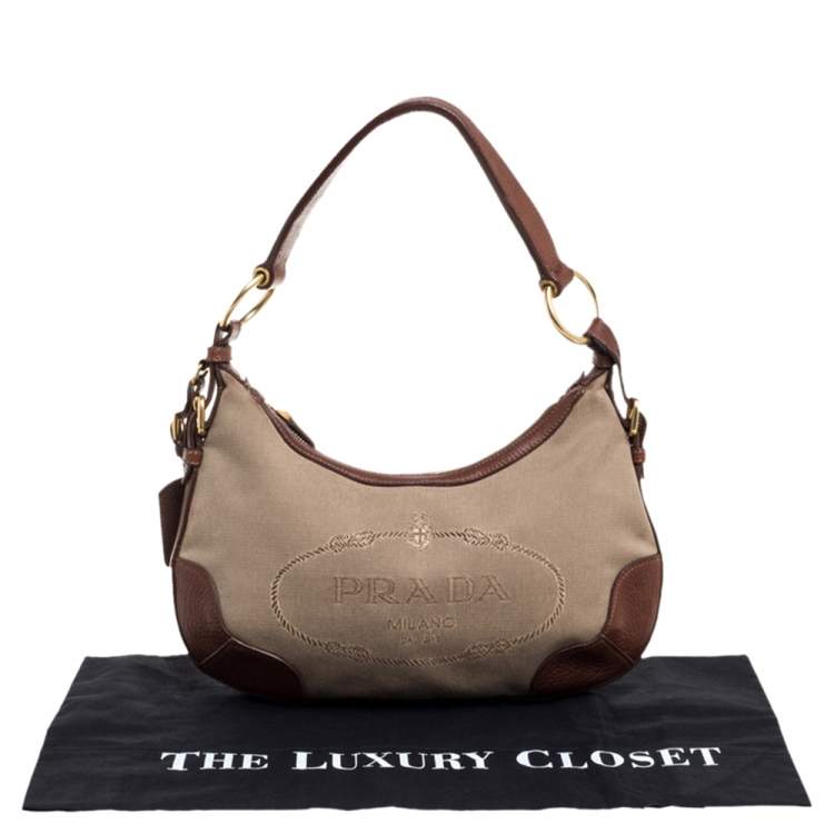 Pre Owned Prada Beige/Tan Logo Jacquard Canvas and Leather Hobo