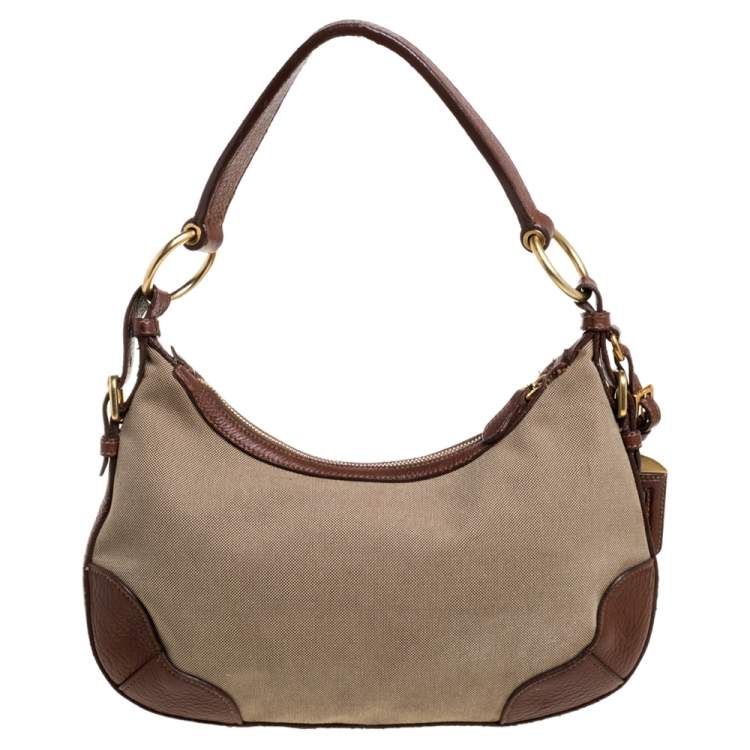 Pre Owned Prada Beige/Tan Logo Jacquard Canvas and Leather Hobo