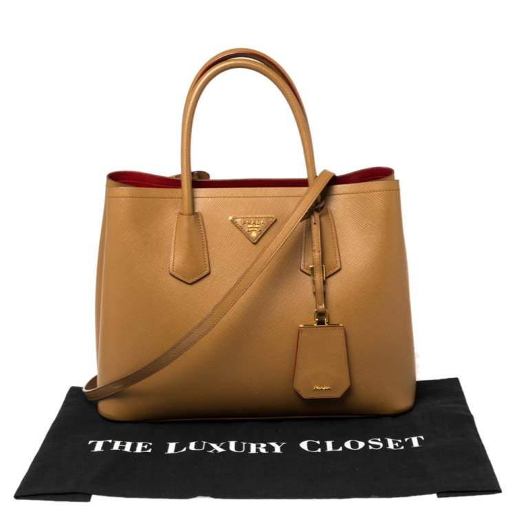 Pre Owned Prada Tan Saffiano Cuir Leather Medium Double Handle Tote