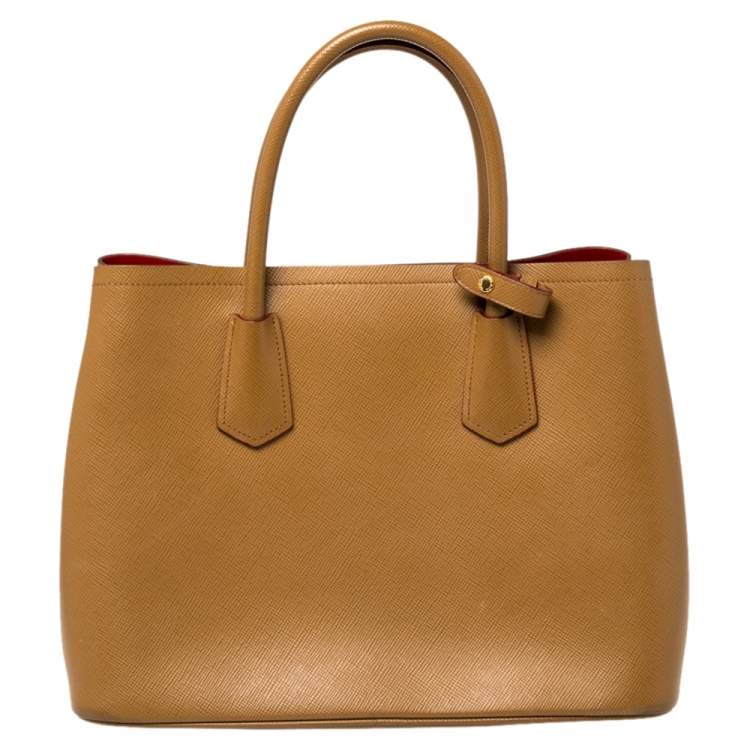 Pre Owned Prada Tan Saffiano Cuir Leather Medium Double Handle Tote