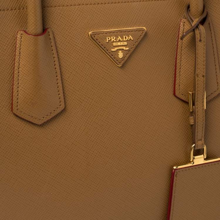 Pre Owned Prada Tan Saffiano Cuir Leather Medium Double Handle Tote