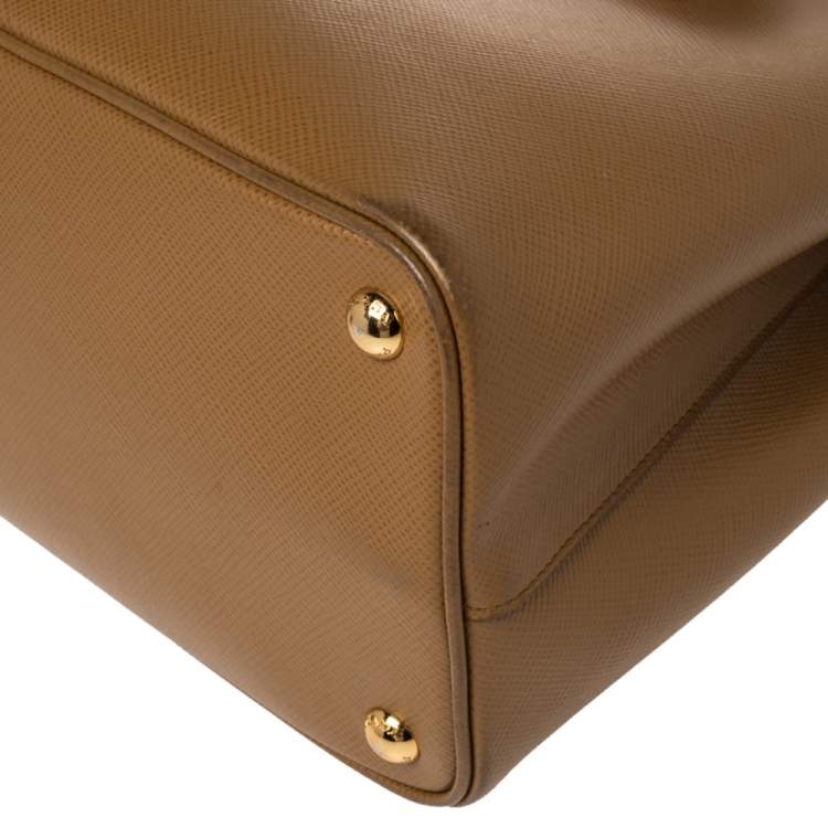 Pre Owned Prada Tan Saffiano Cuir Leather Medium Double Handle Tote