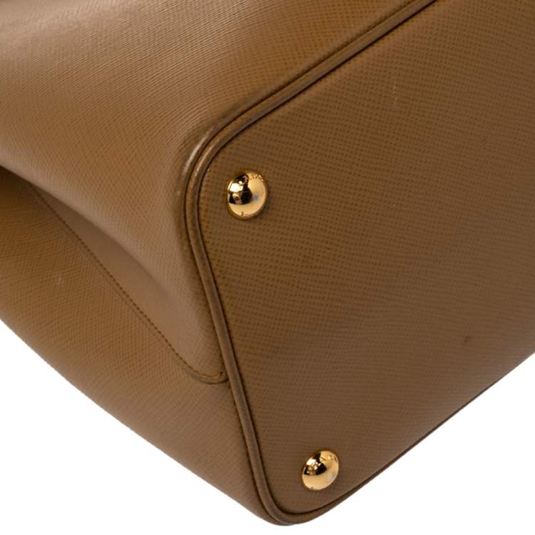 Pre Owned Prada Tan Saffiano Cuir Leather Medium Double Handle Tote