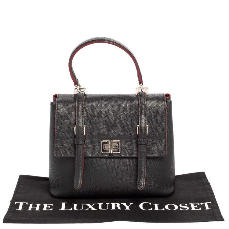 Pre Owned Prada Black Saffiano Lux Leather Turn Lock Top Handle Bag