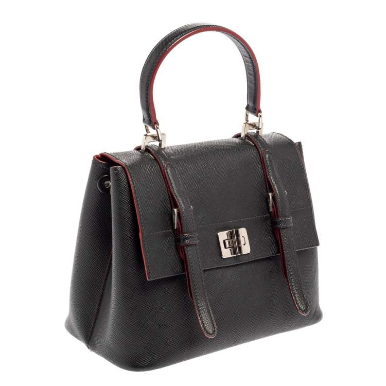 Pre Owned Prada Black Saffiano Lux Leather Turn Lock Top Handle Bag