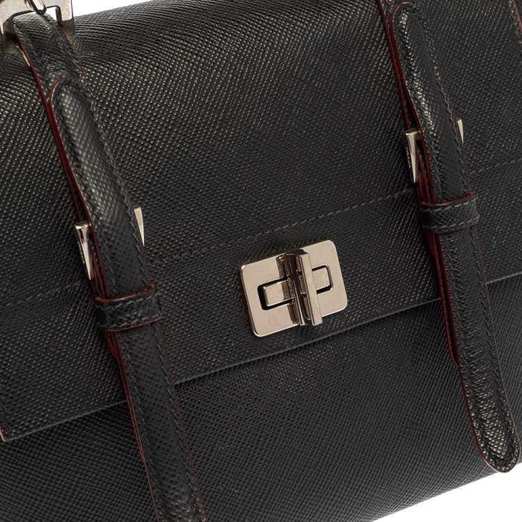 Pre Owned Prada Black Saffiano Lux Leather Turn Lock Top Handle Bag