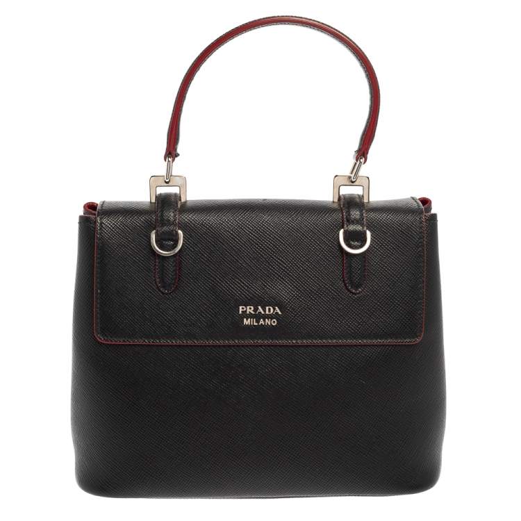 Pre Owned Prada Black Saffiano Lux Leather Turn Lock Top Handle Bag
