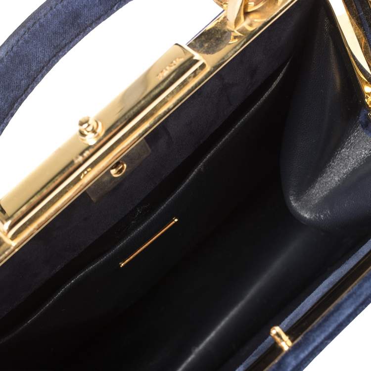 Pre Owned Prada Navy Blue Velvet Frame Top Handle Bag