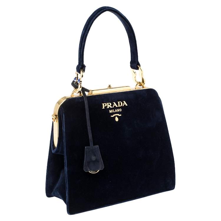 Pre Owned Prada Navy Blue Velvet Frame Top Handle Bag