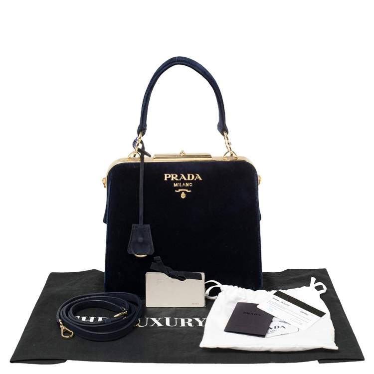 Pre Owned Prada Navy Blue Velvet Frame Top Handle Bag