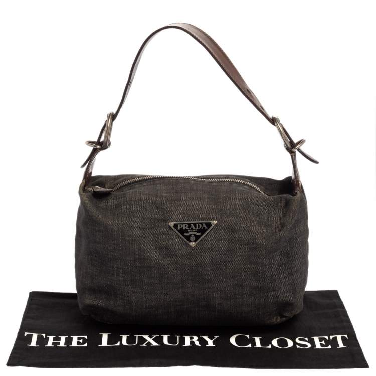 Pre Owned Prada Black Denim and Leather Zip Hobo