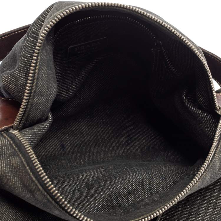 Pre Owned Prada Black Denim and Leather Zip Hobo