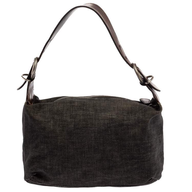 Pre Owned Prada Black Denim and Leather Zip Hobo