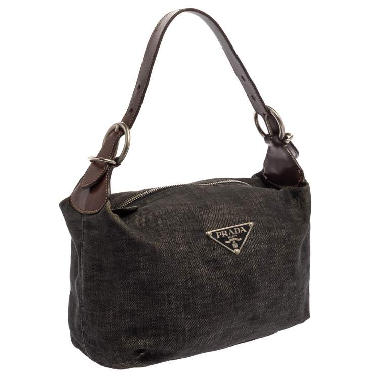 Pre Owned Prada Black Denim and Leather Zip Hobo