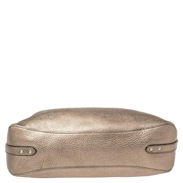 Pre Owned Prada Metallic Vitello Grain Leather Logo Embossed Hobo