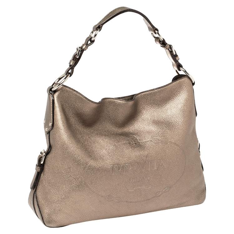 Pre Owned Prada Metallic Vitello Grain Leather Logo Embossed Hobo