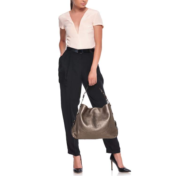 Pre Owned Prada Metallic Vitello Grain Leather Logo Embossed Hobo