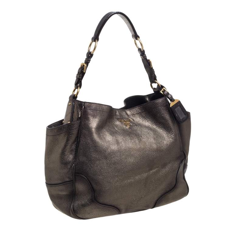 Pre Owned Prada Metallic Gold Vitello Daino Leather Side Pocket Hobo