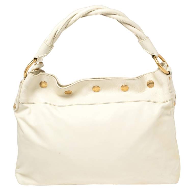 Pre Owned Prada White Nylon and Leather Braided Handle Hobo